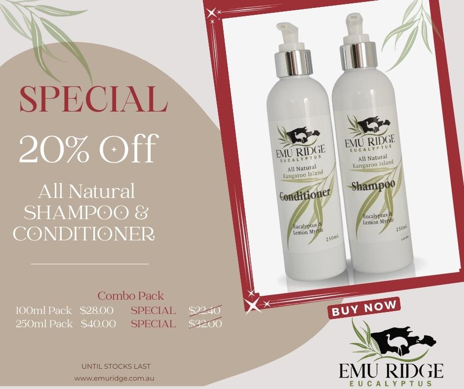 Shampoo and Conditioner, 20% off, Emu Ridge Eucalyptus oil Kangaroo Island